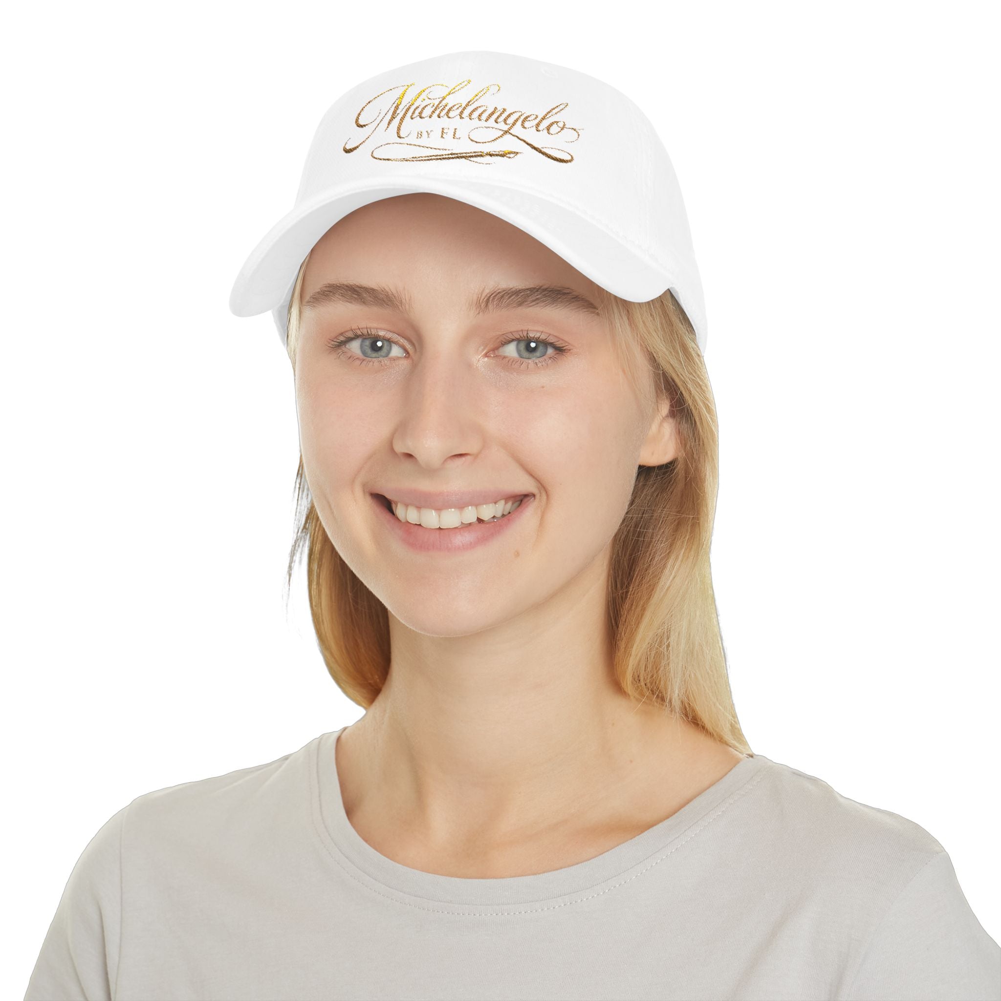 Michelangelo Script Embroidered Baseball Cap — Gold Calligraphy Low Profile Hat