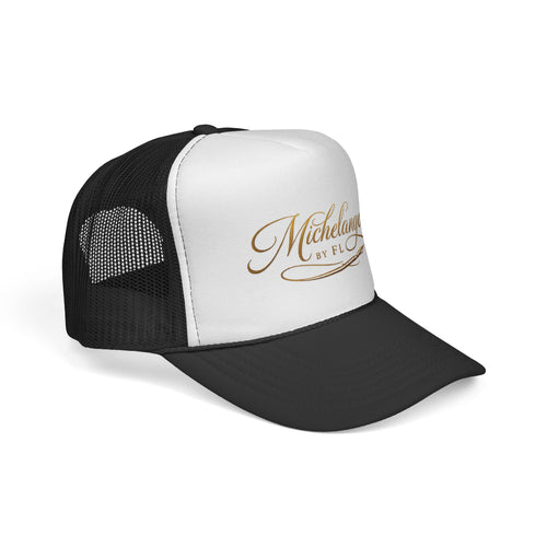 Michelangelo Script Trucker Cap — Embroidered Logo Mesh Hat
