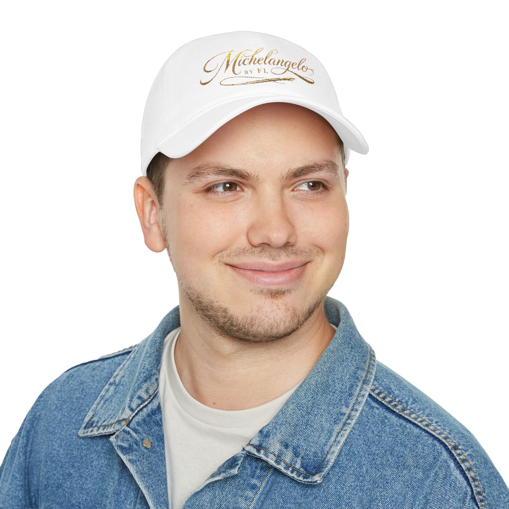 Michelangelo Script Embroidered Baseball Cap — Gold Calligraphy Low Profile Hat