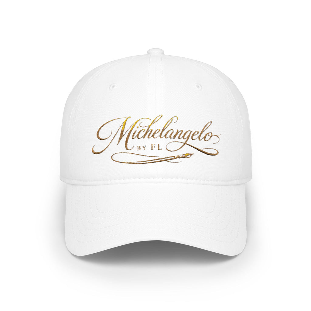 Michelangelo Script Embroidered Baseball Cap — Gold Calligraphy Low Profile Hat