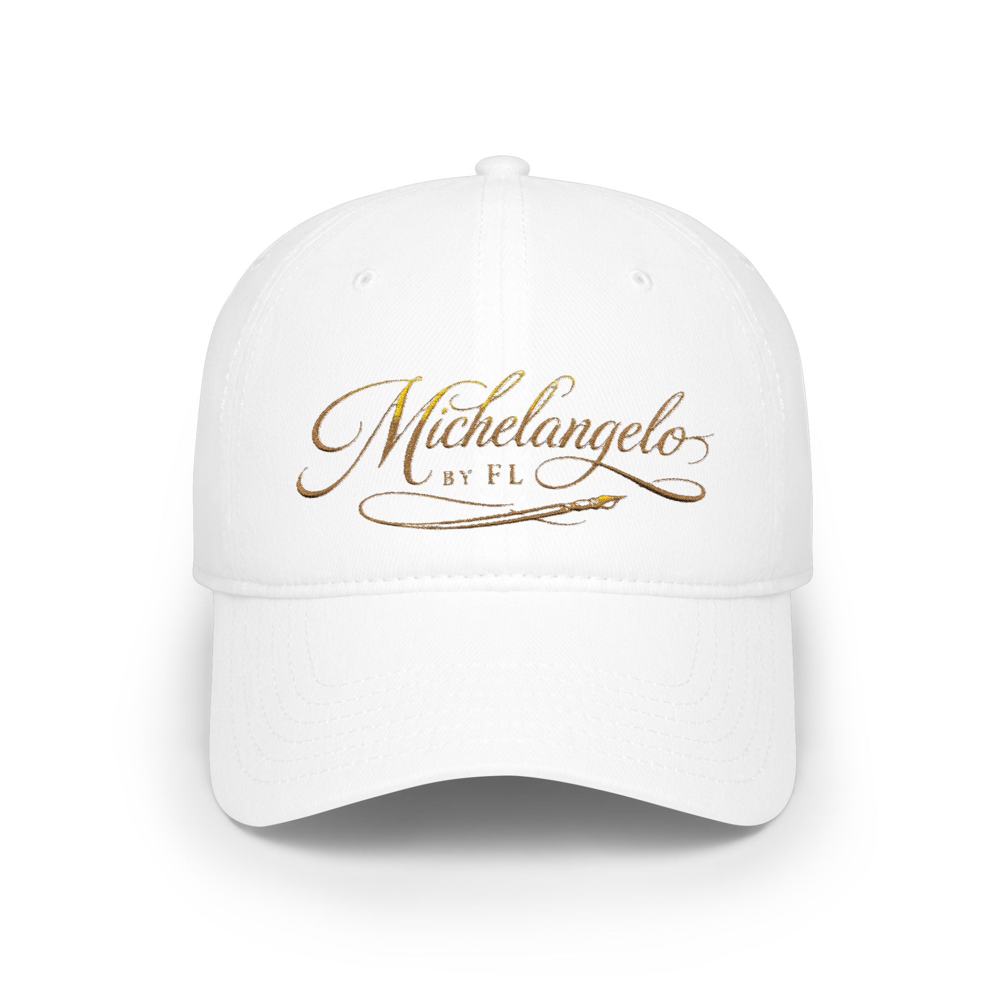 Michelangelo Script Embroidered Baseball Cap — Gold Calligraphy Low Profile Hat